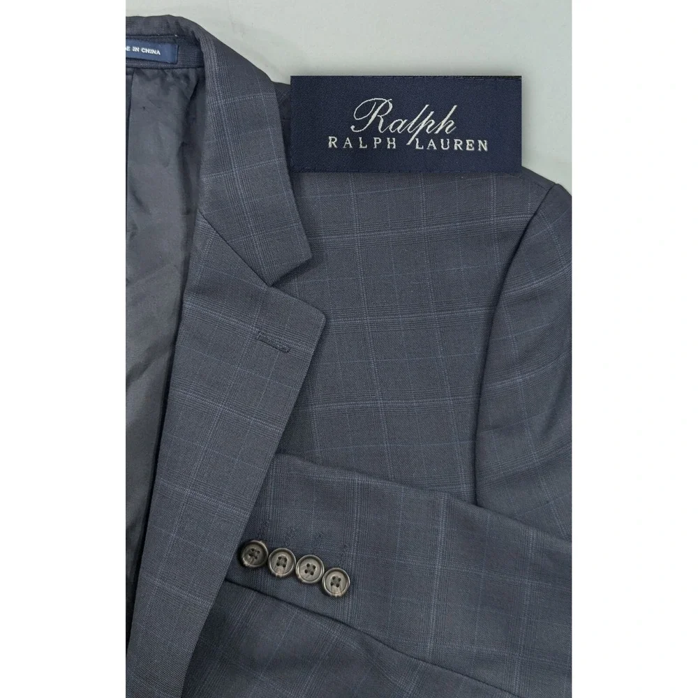 Ralph Lauren Blazer Sports Coat 100% Wool Blue Subtle Plaid Suit Jacket 41L 44